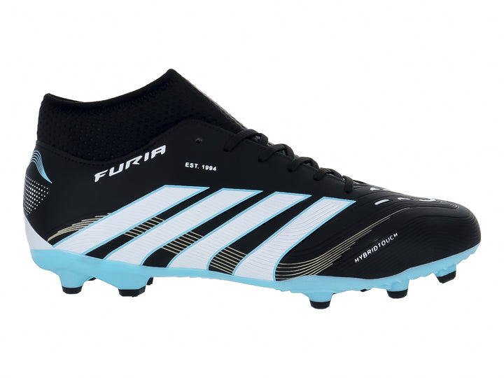 Zapato de fútbol marca Furia en color negro con franjas y suela en tono menta.