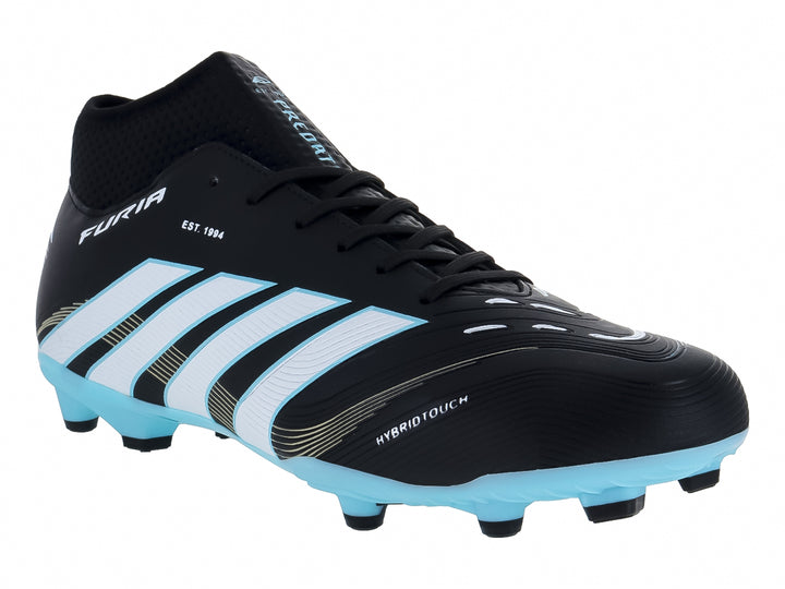 Zapato de fútbol marca Furia en color negro con franjas y suela en tono menta.