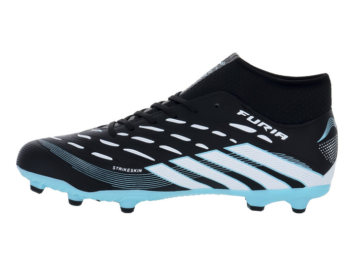Zapato de fútbol marca Furia en color negro con franjas y suela en tono menta.