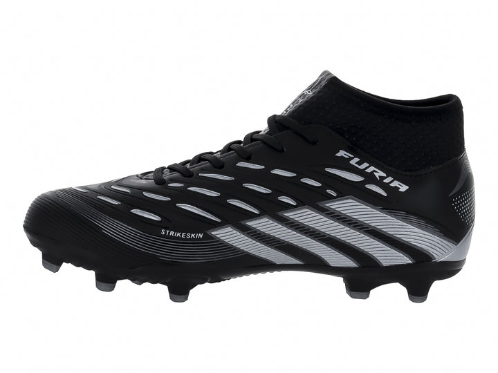 Calzado de fútbol marca FURIA en color negro con tres franjas plateadas laterales y cuello elástico.