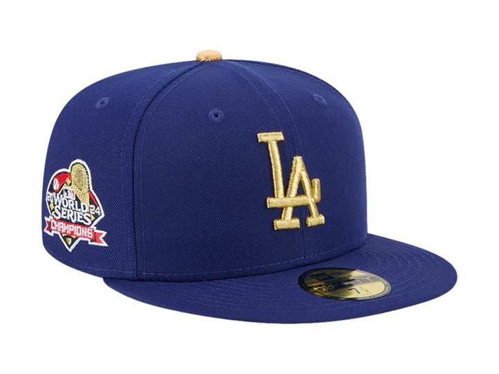 Gorra New Era de los Dodgers de Los Ángeles en color azul oscuro con logotipo bordado en dorado y visera plana.