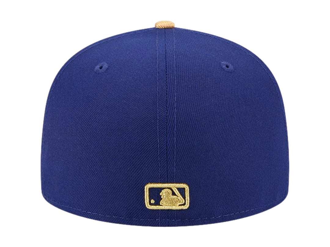 Gorra New Era de los Dodgers de Los Ángeles en color azul oscuro con logotipo bordado en dorado y visera plana.