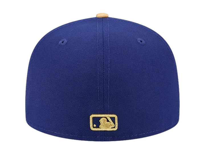 Gorra New Era de los Dodgers de Los Ángeles en color azul oscuro con logotipo bordado en dorado y visera plana.