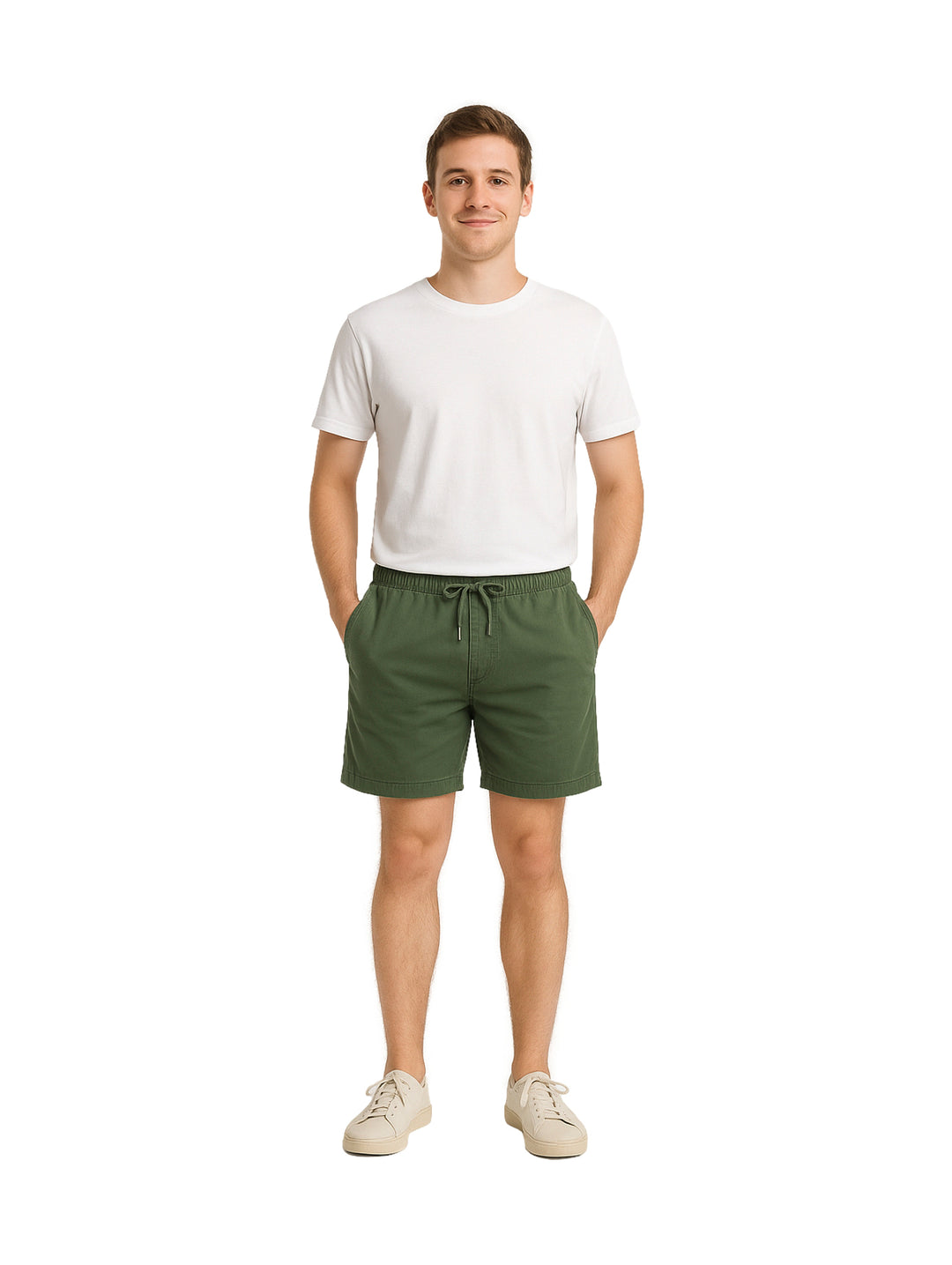 Hombre vistiendo bermudas color verde militar con cintura elástica y cordón.