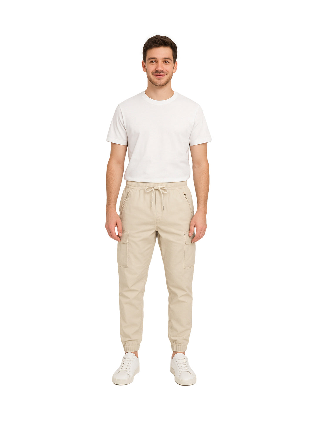 Hombre vistiendo pantalones jogger color khaki con cintura elástica y tobillos ajustados.