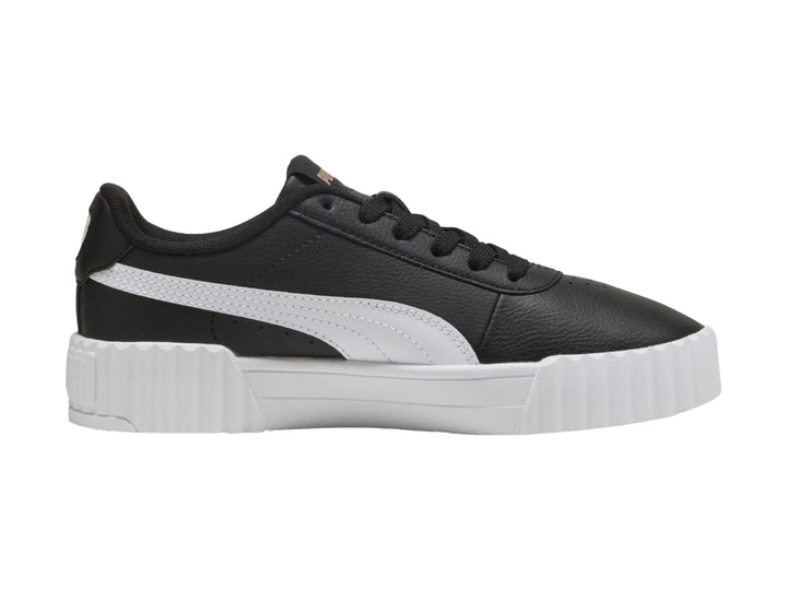 Tenis PUMA Carina 3.0 en color negro con franja blanca lateral y suela de plataforma blanca.