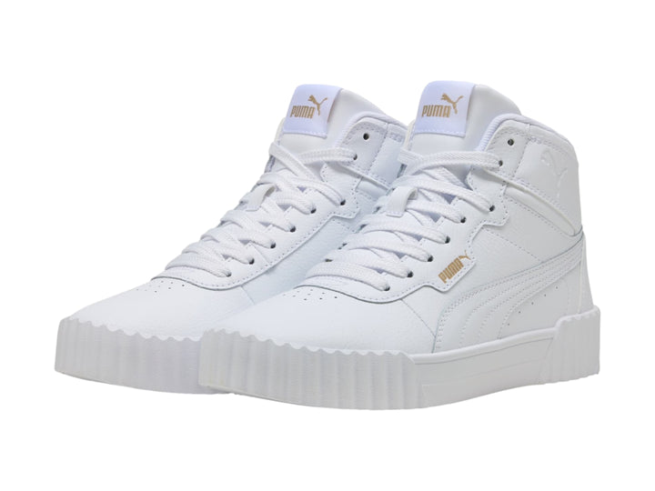 Tenis PUMA blancos de cuello alto con suela de plataforma gruesa.