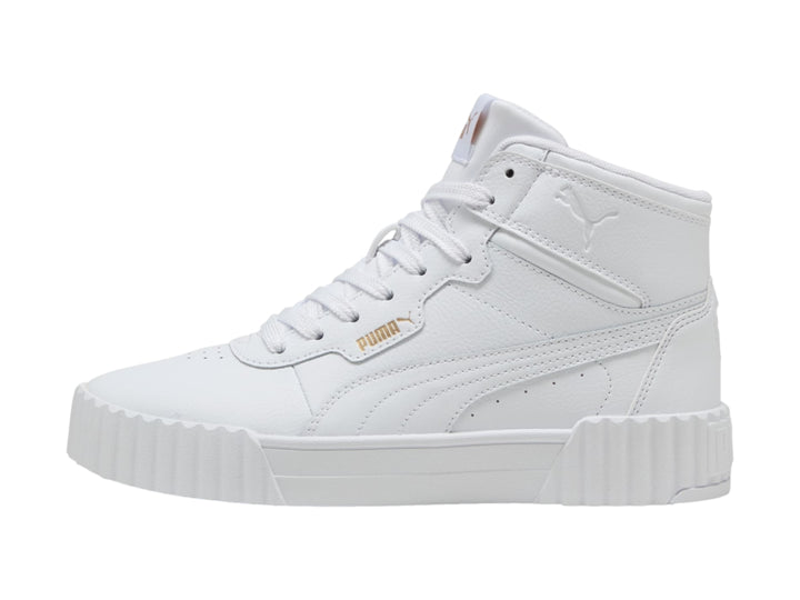 Tenis PUMA blancos de cuello alto con suela de plataforma gruesa.