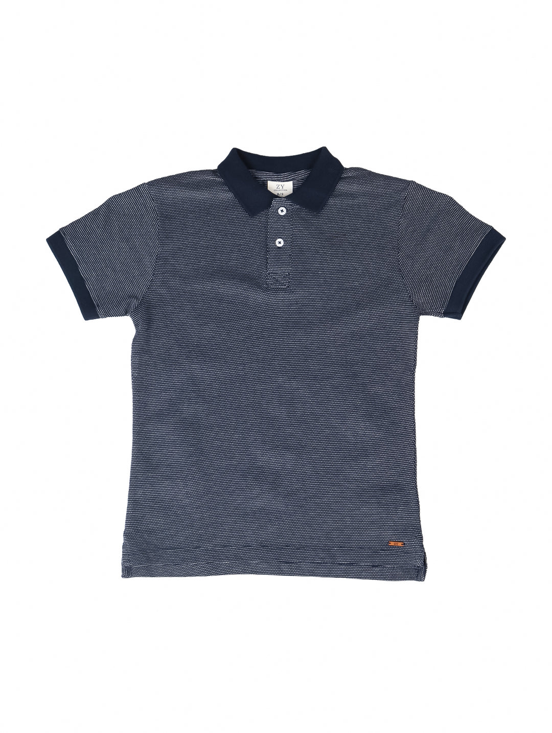 Camisa polo para niño en color azul oscuro con rayas finas horizontales y cuello clásico.