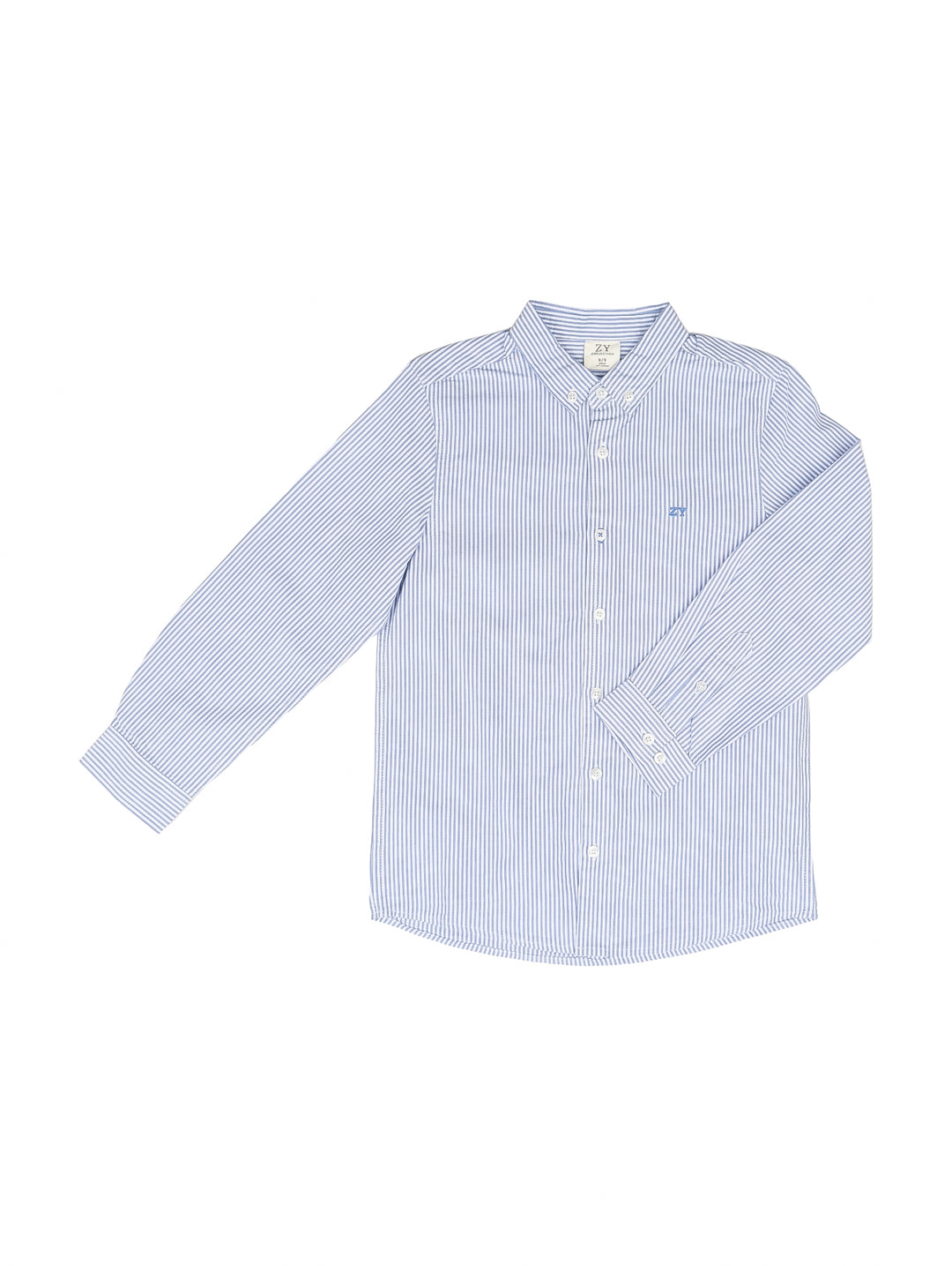 Camisa para niño de manga larga con rayas verticales en color azul claro y blanco.