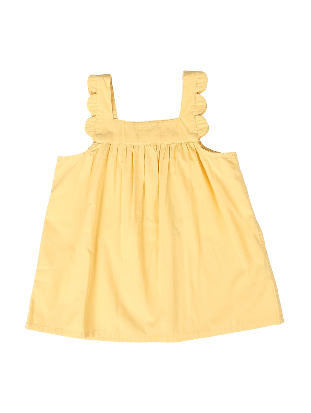 Blusa amarilla claro para niña con tirantes ondulados y diseño fruncido.