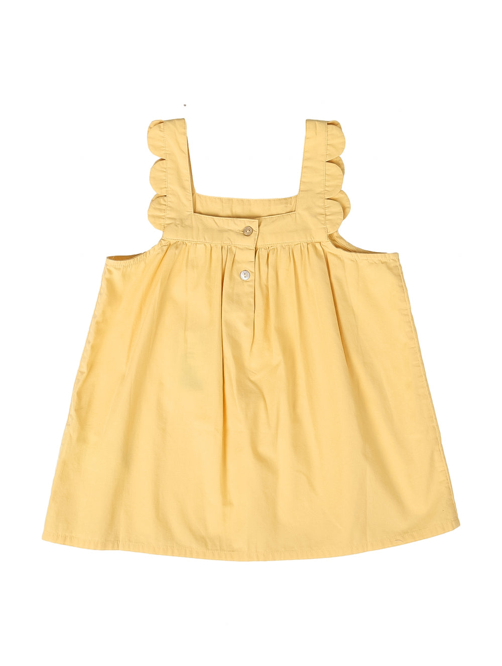 Blusa amarilla claro para niña con tirantes ondulados y diseño fruncido.