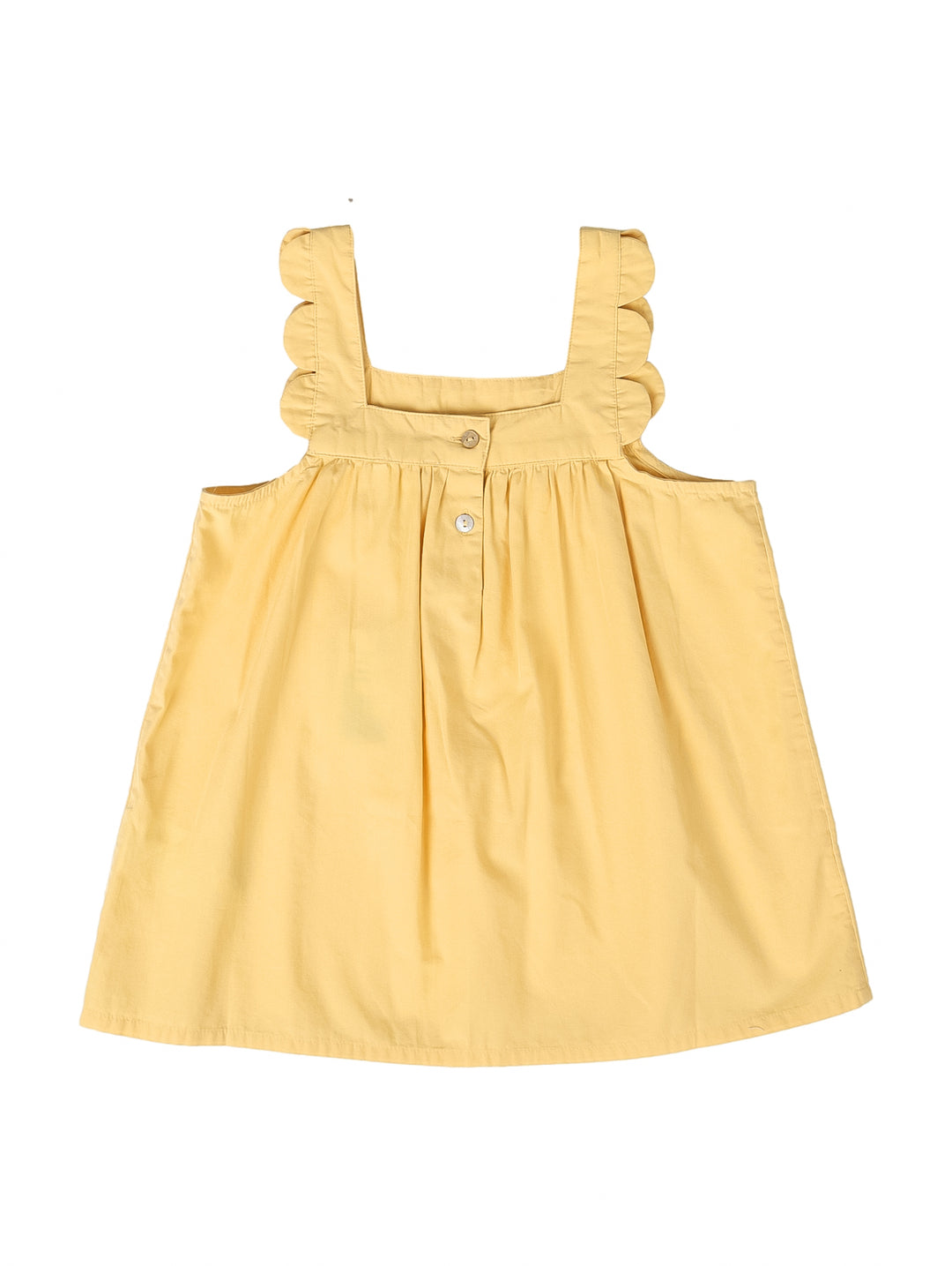 Blusa amarilla claro para niña con tirantes ondulados y diseño fruncido.