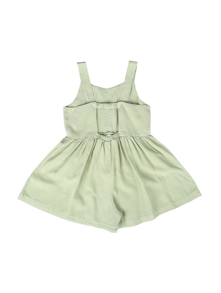 Jumpsuit para niña de color verde claro, sin mangas y con cintura elástica.