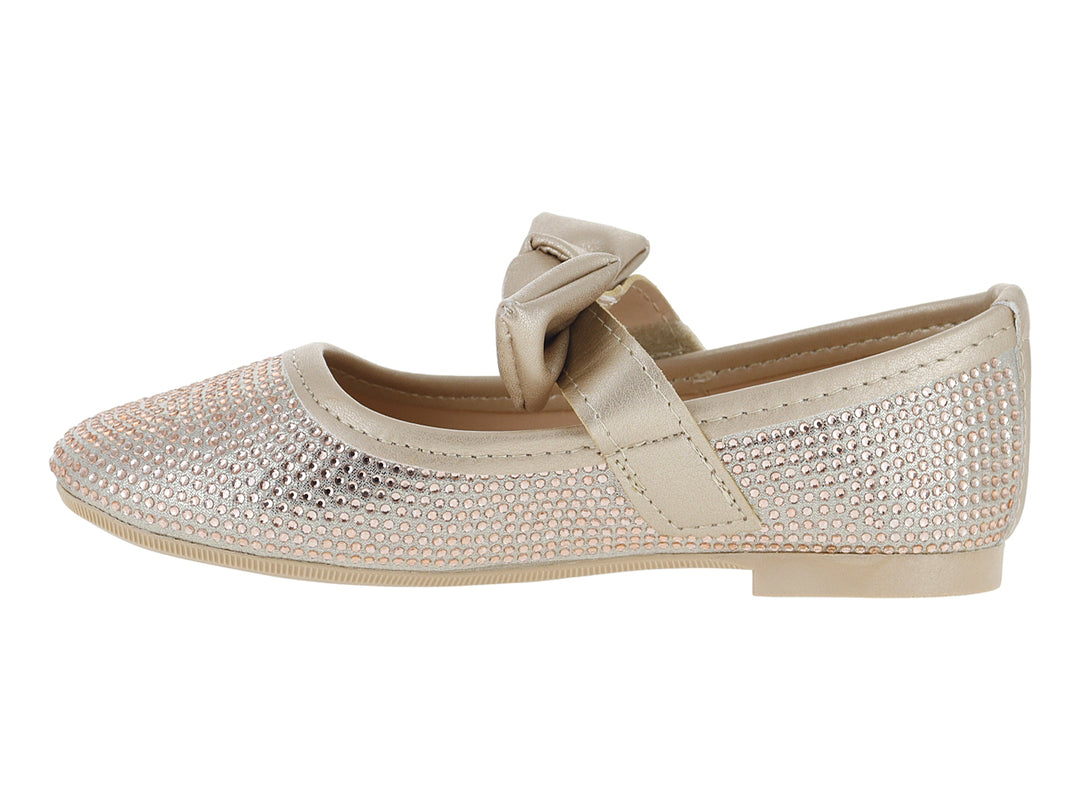 Zapato plano tipo bailarina color dorado con moño y acabado brillante texturizado.