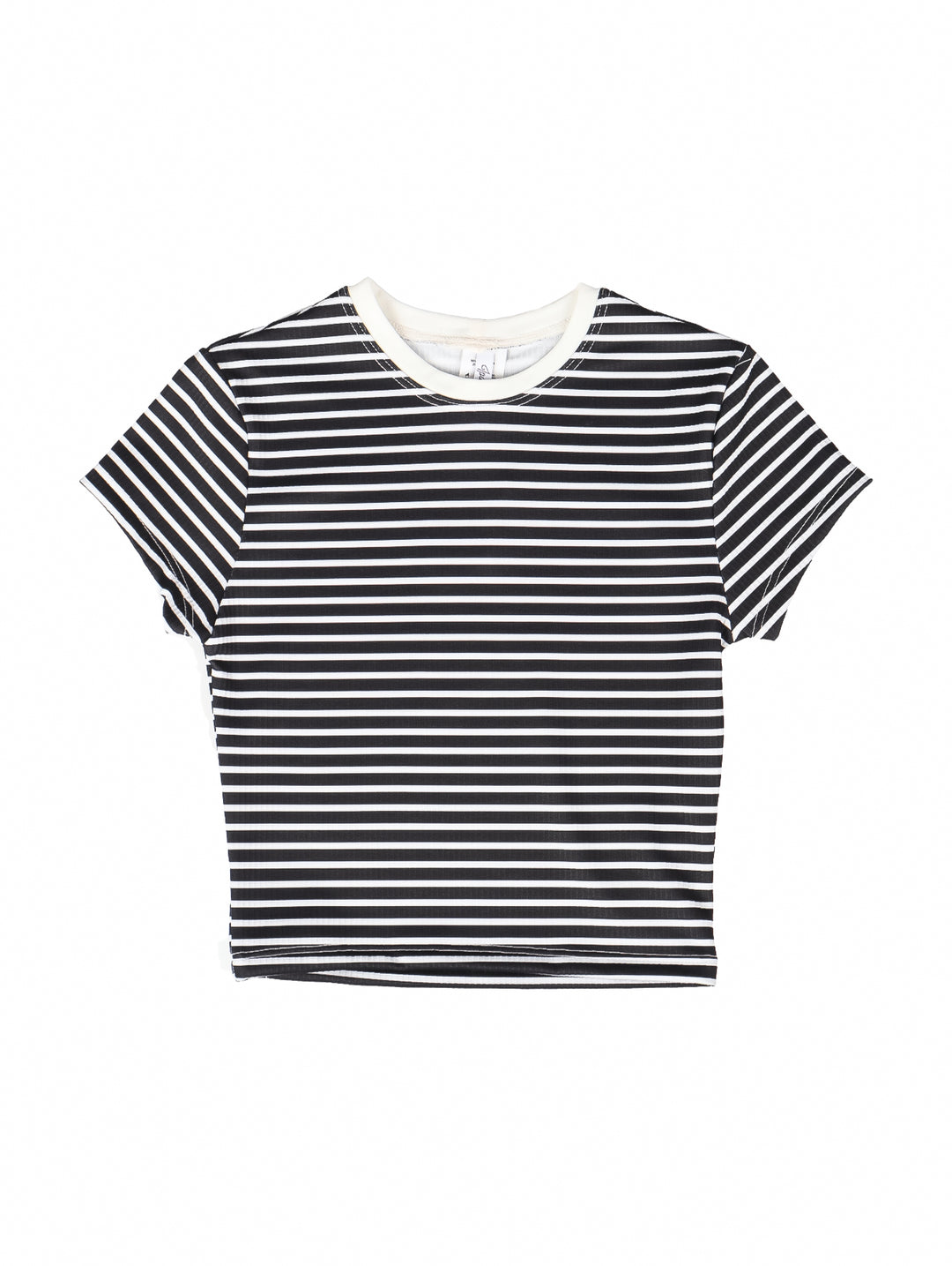Blusa para niña con diseño de rayas horizontales en colores blanco y negro, manga corta y cuello redondo.
