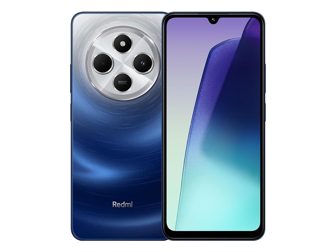 Teléfono inteligente Redmi 14C en color azul estrellado, vista frontal y posterior con módulo de cámaras circular.