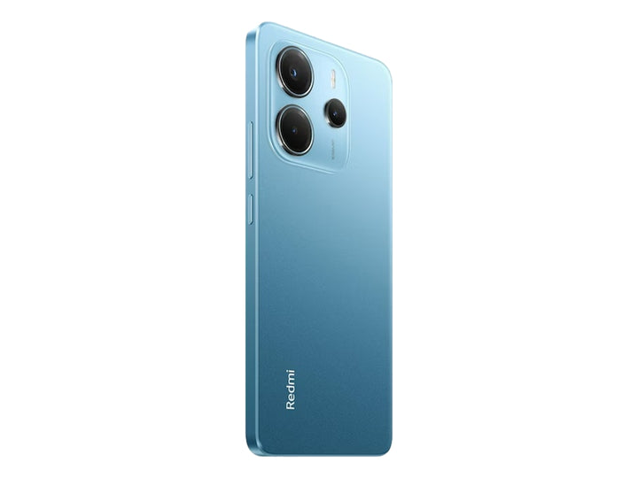 Vista frontal de un smartphone Redmi Note 14 en color Ocean Blue con pantalla encendida y bordes negros.