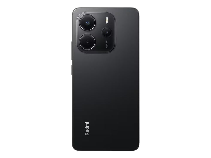 Smartphone Redmi Note 14 en color Midnight Black con pantalla frontal completa y bordes redondeados.