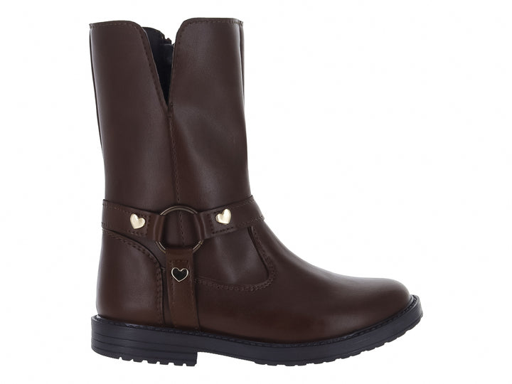 Bota color castaña con adornos de corazones dorados y suela negra.