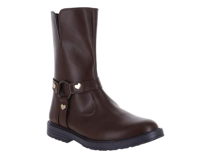 Bota color castaña con adornos de corazones dorados y suela negra.
