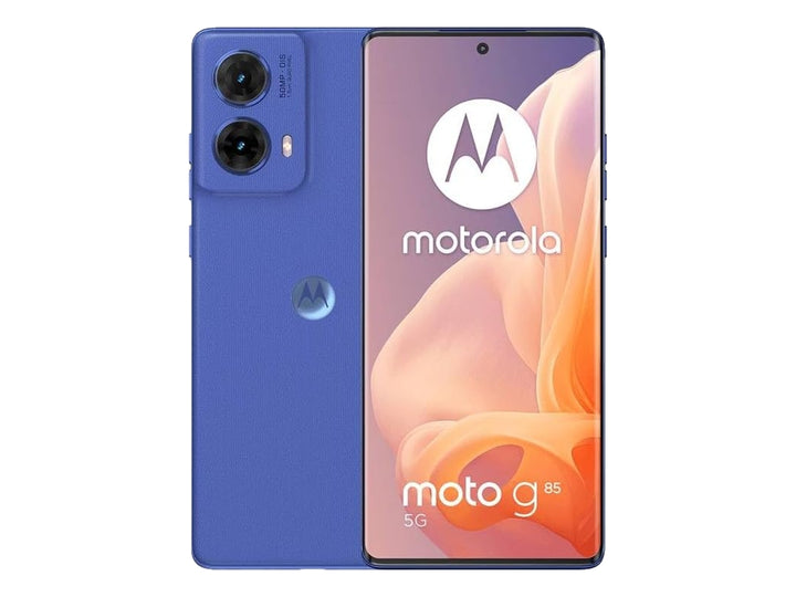 Teléfono inteligente Motorola Moto G85 en color azul, vista frontal y posterior.