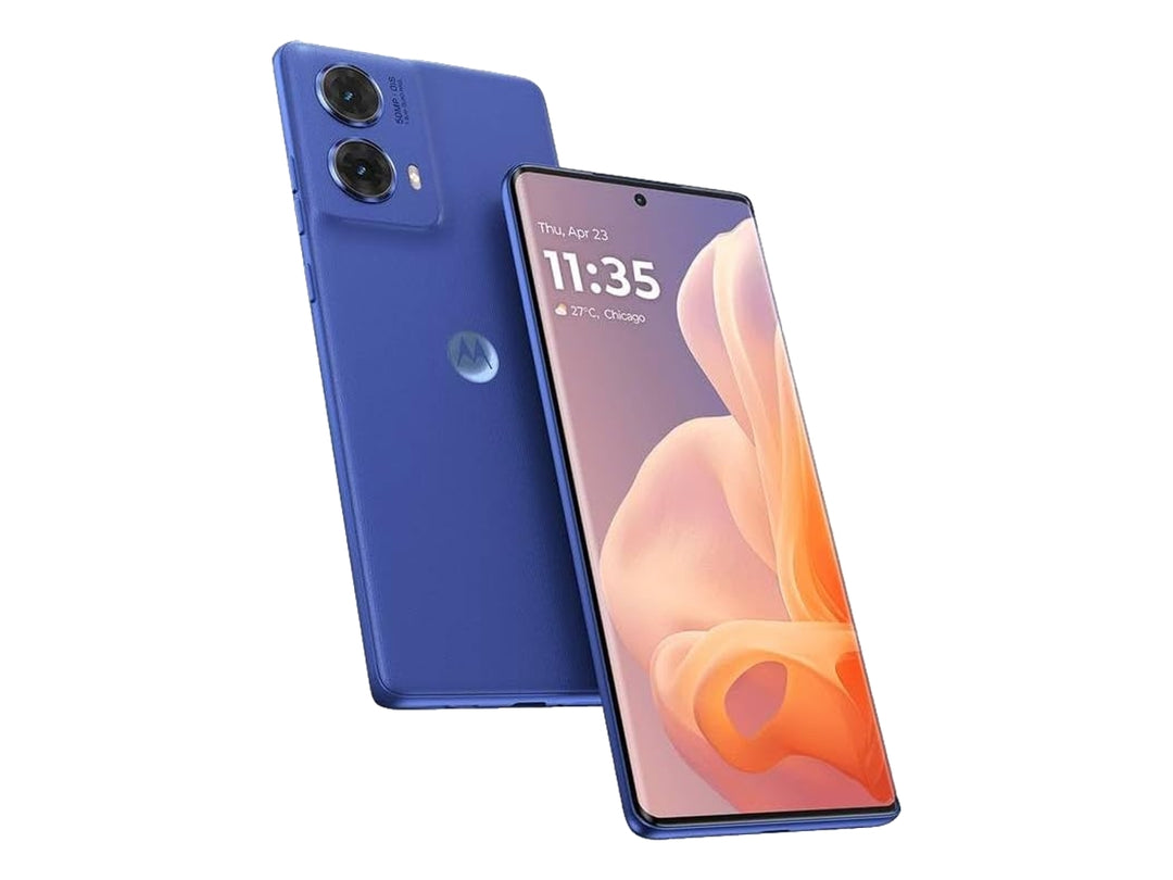 Teléfono inteligente Motorola Moto G85 en color azul, vista frontal y posterior.