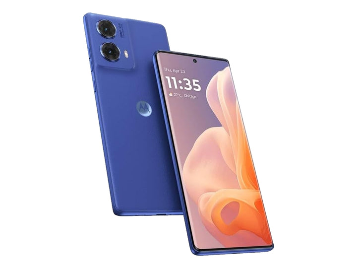 Teléfono inteligente Motorola Moto G85 en color azul, vista frontal y posterior.