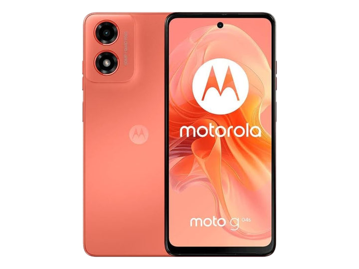 Teléfono Motorola Moto g04s en color naranja, vista frontal y trasera sobre fondo blanco.