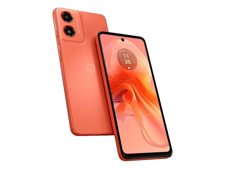 Teléfono Motorola Moto g04s en color naranja, vista frontal y trasera sobre fondo blanco.