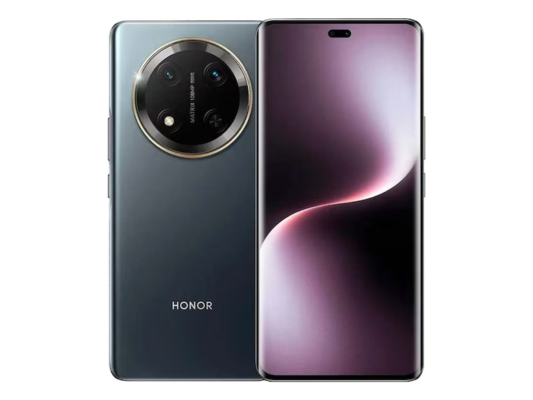 Smartphone HONOR X9C color negro, vista frontal y posterior con módulo de cámara circular dorado.