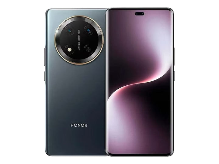 Smartphone HONOR X9C color negro, vista frontal y posterior con módulo de cámara circular dorado.