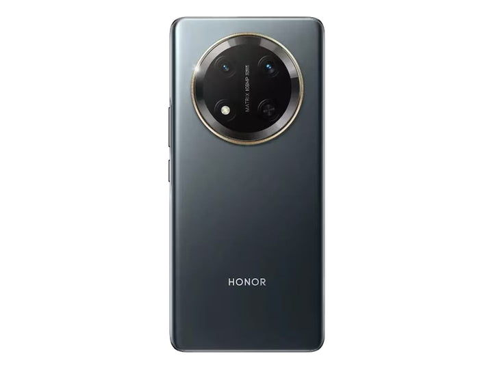 Smartphone HONOR X9C color negro, vista frontal y posterior con módulo de cámara circular dorado.