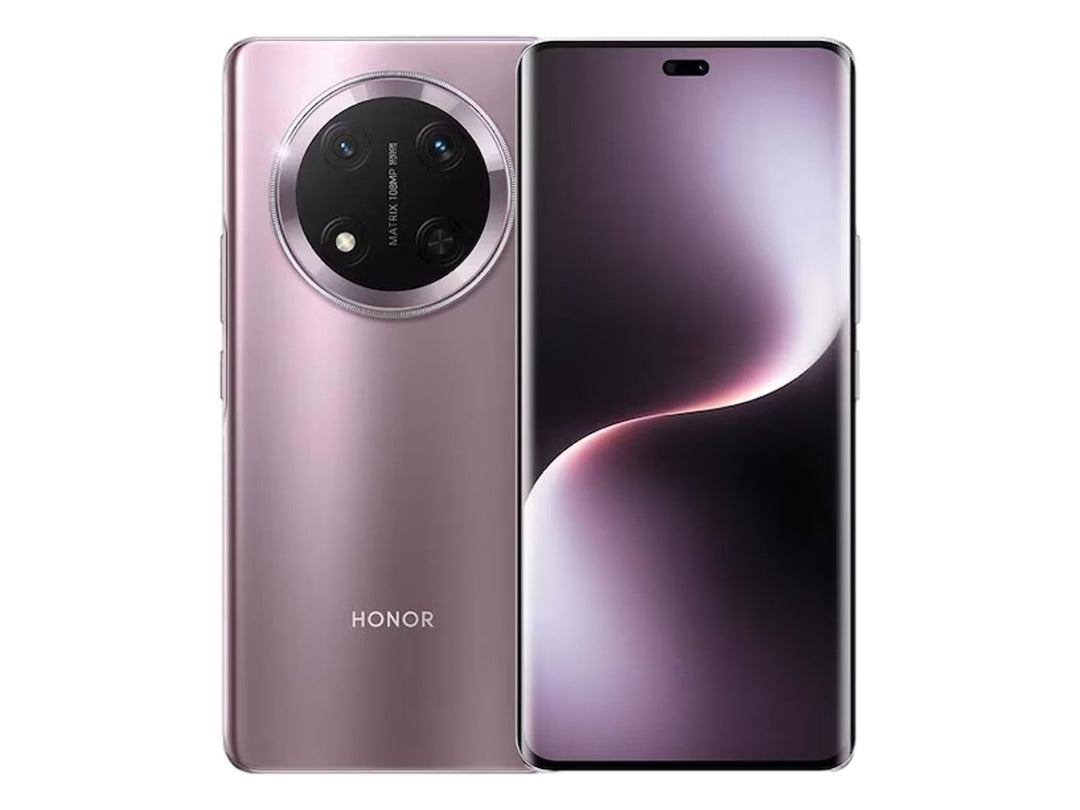 Teléfono inteligente HONOR X9C en color morado, vista frontal y trasera con módulo de cámara circular.