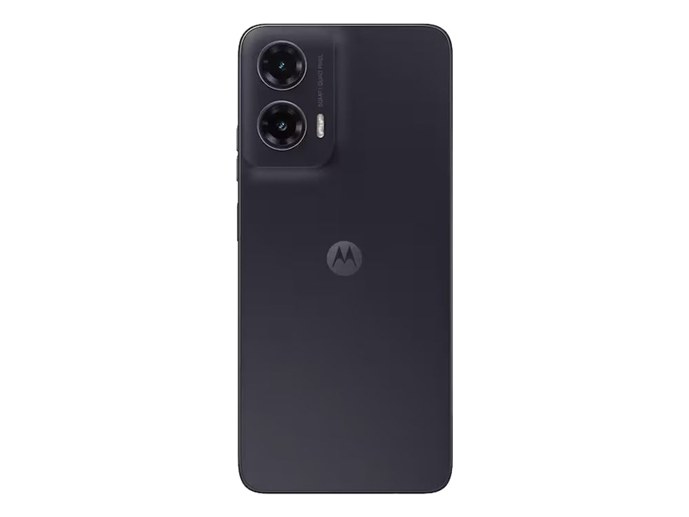 Smartphone Motorola G35 color negro, vista frontal y trasera sobre fondo blanco.