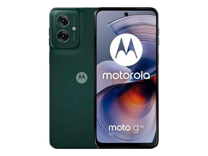Teléfono inteligente Motorola Moto G55 en color negro y verde oscuro, vista frontal y trasera.