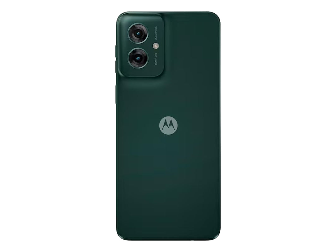 Teléfono inteligente Motorola Moto G55 en color negro y verde oscuro, vista frontal y trasera.