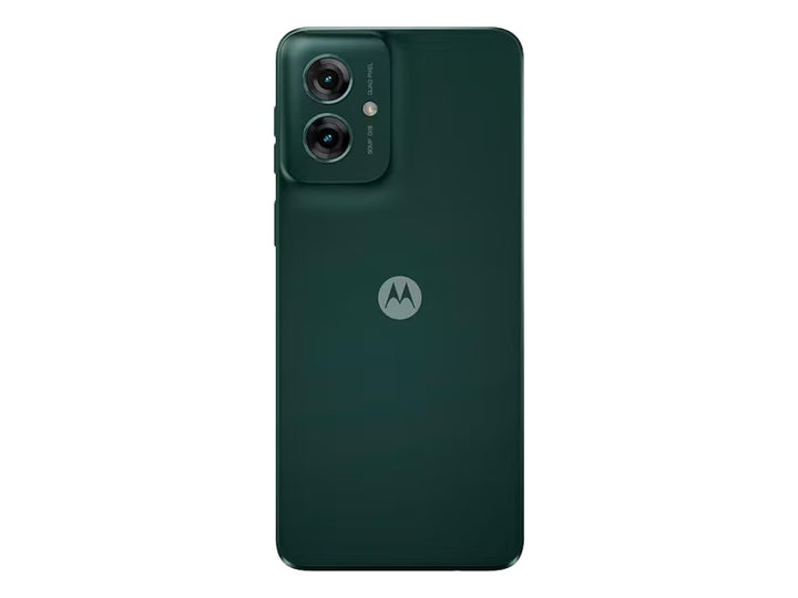 Teléfono inteligente Motorola Moto G55 en color negro y verde oscuro, vista frontal y trasera.