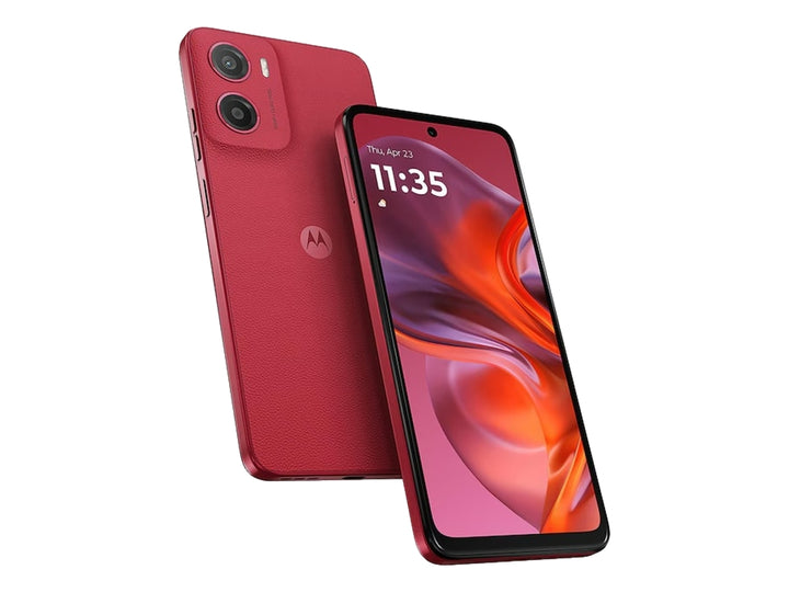 Smartphone Motorola G05 en color rojo, vista frontal con pantalla encendida y vista posterior.
