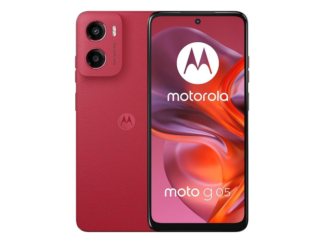 Smartphone Motorola G05 en color rojo, vista frontal con pantalla encendida y vista posterior.