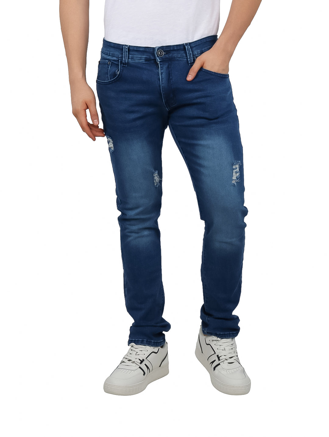 Pantalones jeans azul oscuro con detalles desgastados y corte ajustado.