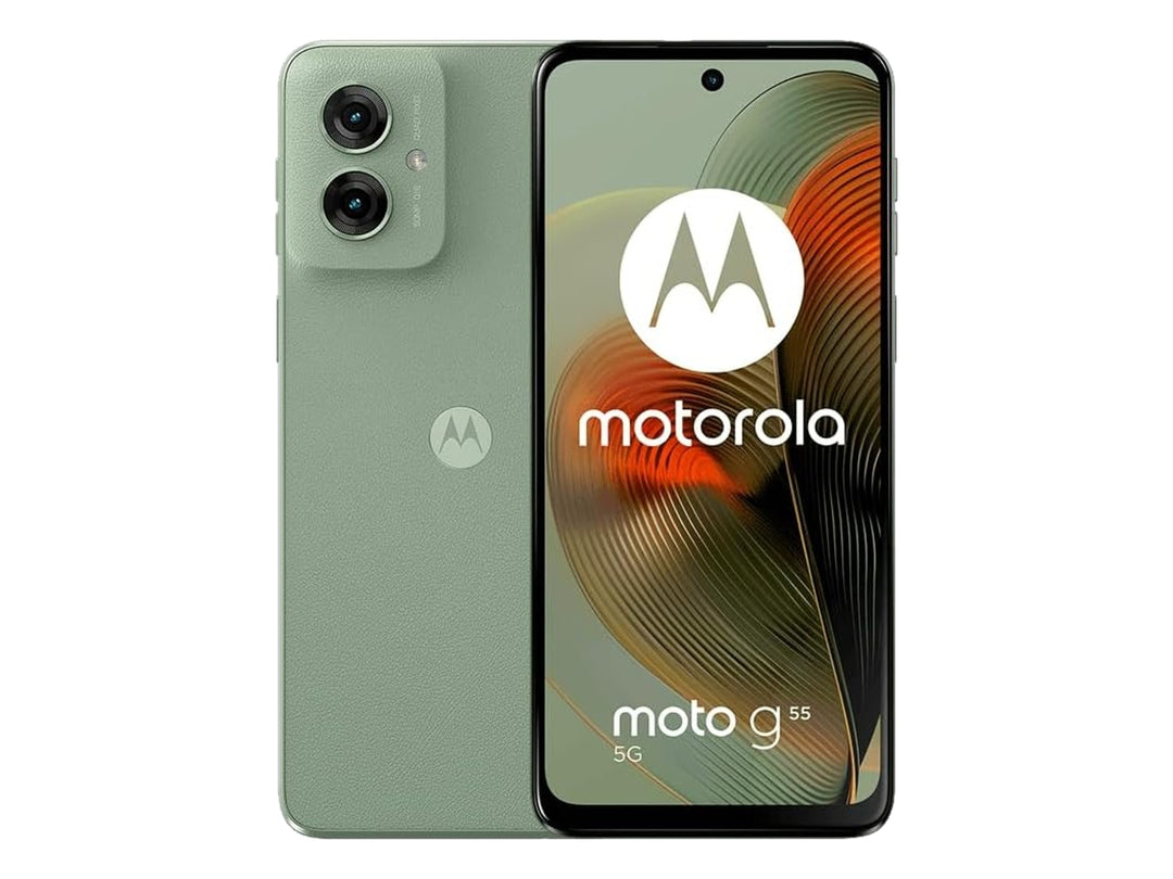 Smartphone Motorola G55 en color verde, vista frontal y trasera sobre fondo blanco.