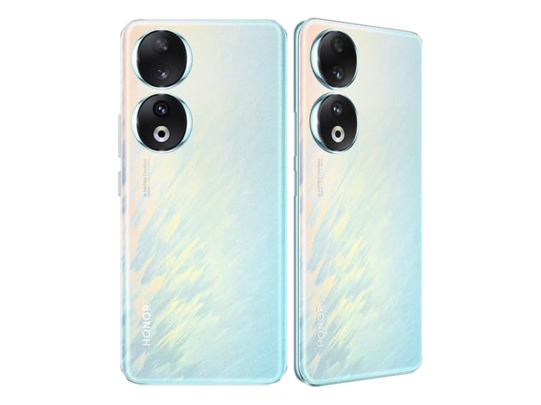Vista trasera de dos teléfonos HONOR 90 en color azul iridiscente con módulo de cámara circular.