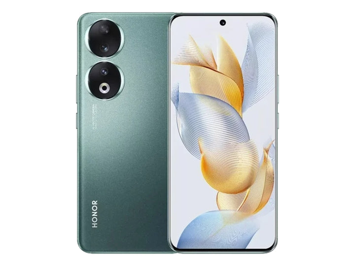 Smartphone HONOR 90 en color verde, vista frontal y trasera con pantalla completa y módulo de cámaras circular.