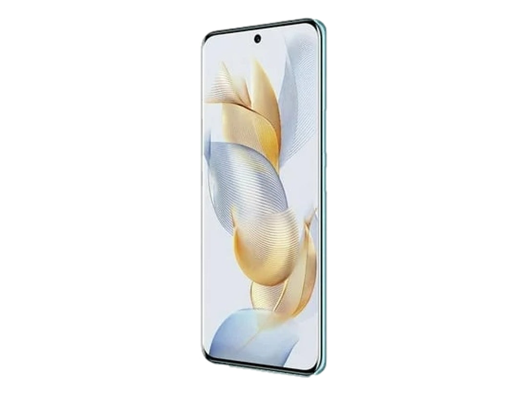 Smartphone HONOR 90 en color verde, vista frontal y trasera con pantalla completa y módulo de cámaras circular.