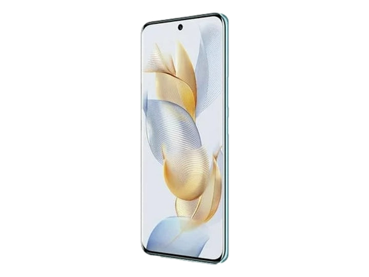 Smartphone HONOR 90 en color verde, vista frontal y trasera con pantalla completa y módulo de cámaras circular.