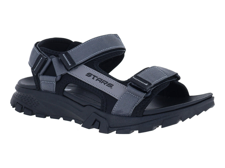 Sandalias gladiador STARS color gris y negro con suela robusta y correas ajustables.