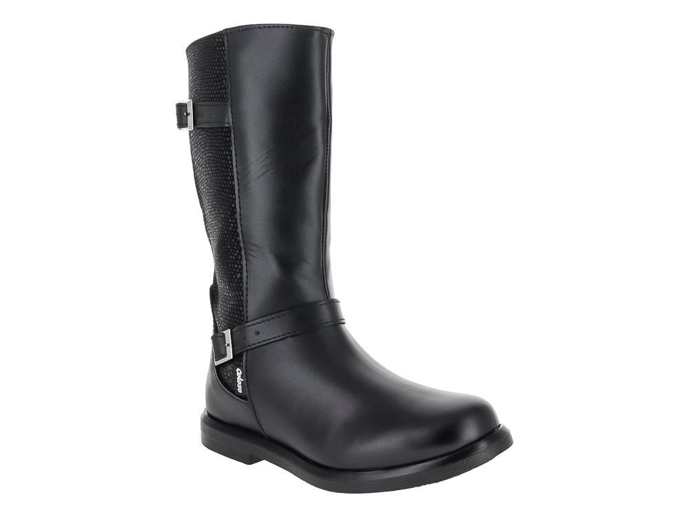 Bota Coloso color negro para mujer con detalles de hebillas plateadas y panel lateral texturizado.
