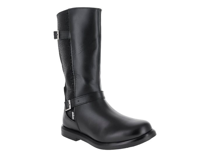 Bota Coloso color negro para mujer con detalles de hebillas plateadas y panel lateral texturizado.