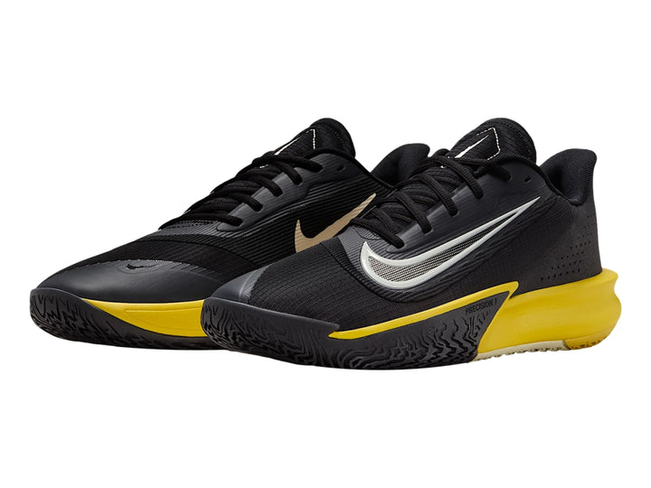 Tenis Nike Precision VII color negro con suela amarilla y logotipo blanco.